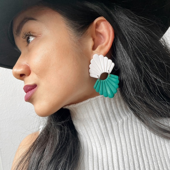 Handmade Modern Clay Earrings | Green & White | 14k Gold Plated Stainless Steel - Picture 1 of 4